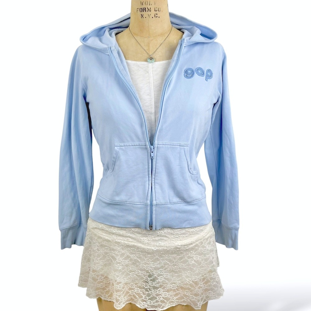 Y2K Womens XS Baby Blue Cropped‎ Zip Hoodie Gap 2000s Sporty Minimalist
